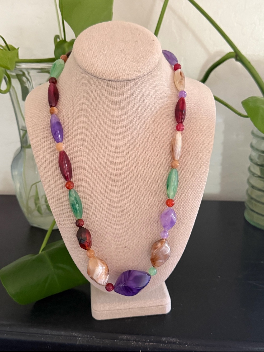 Vintage Multi Color Swirling Chunky Beads Lucite Beaded Necklace